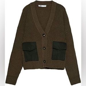 Zara Combination Pocket Cardigan in Khaki Green